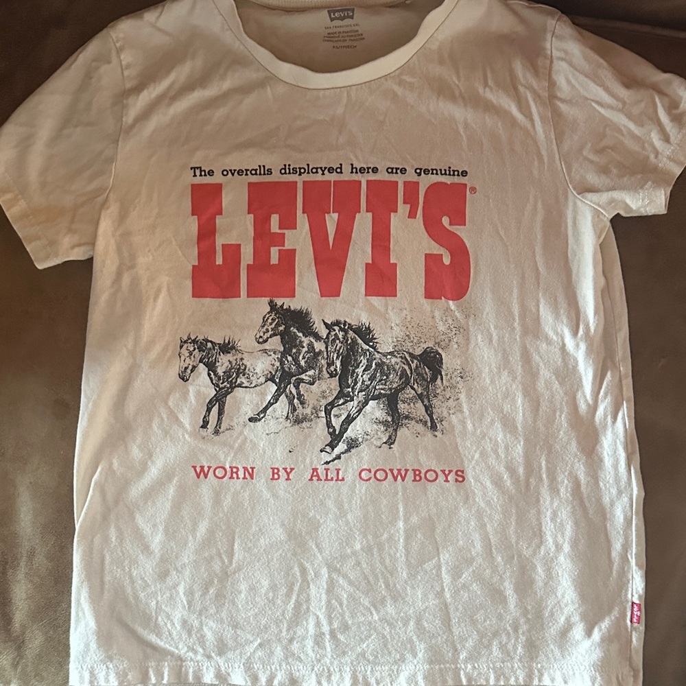 Levi's White Tee with Red Logo and Horse Graphic